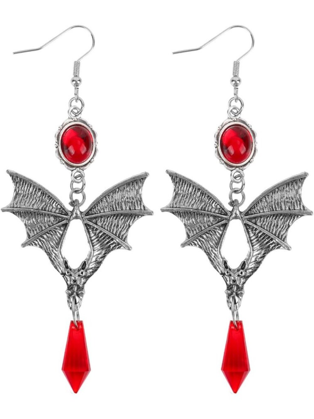 Women's Silver Red Crystal Dangle Gothic Vampire Bat Dark Drop Halloween Earring